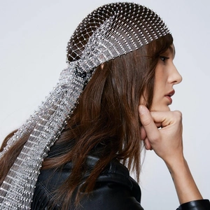 Sparkling silver rhinestone mesh headpiece with hollow-out net design for women
