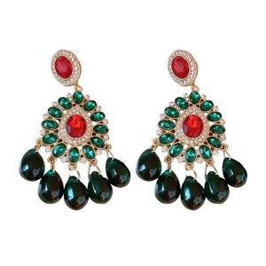 Vintage palace style earrings with red crystals and green teardrop beads in gold