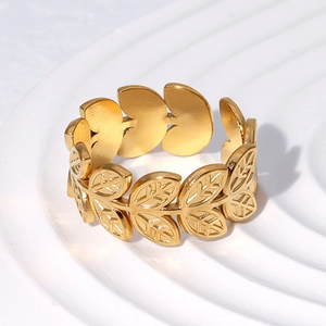 Anello aperto in acciaio inossidabile dorato a forma di foglia per donna regolabile