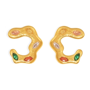 Twisted C-shape gold earrings with colorful marquise-cut zircon stones on white background