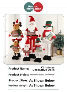 Detail of Christmas plush figurines showing knit textures of Santa, elk and snowman
