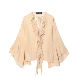 Women V Neck Chiffon Blouse Long Flare Sleeve Tie Up Ruffle Solid Color Casual Elegant Shirt