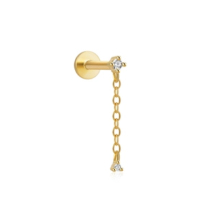 Close-up of gold S925 sterling silver star stud earring with diamond chain detail
