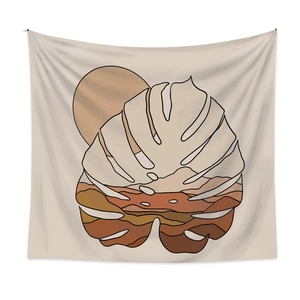 Japanese retro cartoon tapestry featuring bohemian abstract leaves for bedroom wall decor
