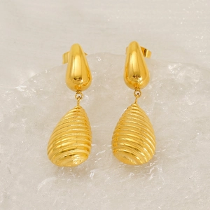 Boucles D'oreilles Goutte En Acier Inoxydable Plqué Or 18K Texture Ondulée Filetée Bijoux De Mode Modernes Femmes