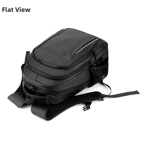 Detail of ergonomic padded S-shaped shoulder straps on large black waterproof backpack