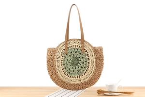 Close-up of woven straw texture and leather handles on a round beach tote bag