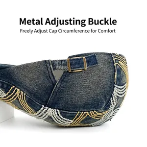 Blue denim beret hat with wavy embroidery and adjustable metal buckle closure detail