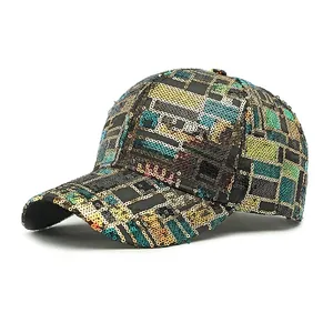 Fashionable sequin baseball cap with multi-color geometric patterns and curved brim