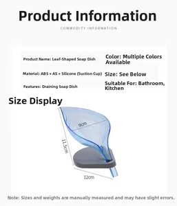 Detailed dimensions of the leaf-shaped blue soap box with suction cup base and drainage