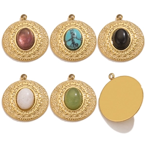 Detail of round gold metal charms featuring various gemstone inlays in assorted colors