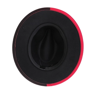 Top view of two-tone black and red wool felt fedora hat showing interior and brim details