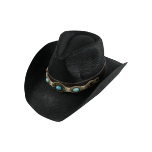 Chapeau de cowboy tressé noir avec détails en turquoise et bandeau en cuir marron