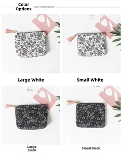 Detail of paisley pattern coin purses in black and white with pink suede tassels