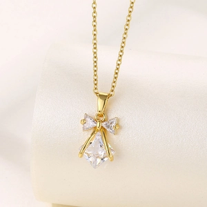 Bow Pendant Necklace Gold Plated Stainless Steel Chain Zircon Inlaid Clavicle Jewelry For Women