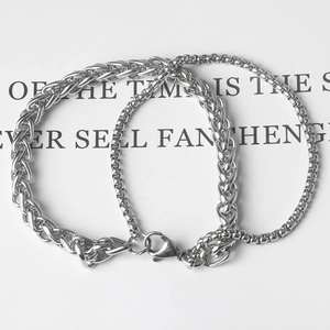 Double-layered stainless steel chain bracelet set with chunky Cuban and round box link chains