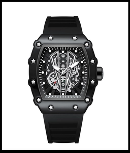 Macro view of tonneau-shaped skeleton watch dial with luminous hands and black rubber strap