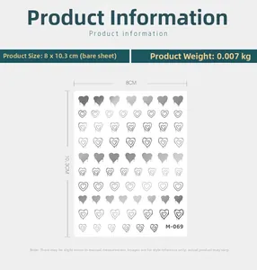Detail view of M-069 silver heart nail stickers with precise 8x10.3cm dimensions