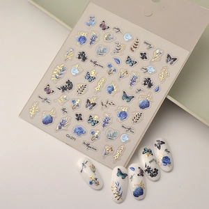 Autocollants 3D pour ongles motif rose bleu Klein et feuilles dorées avec papillon