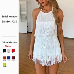 Women Halter Neck Tassel Jumpsuit Backless Fringe Bodysuit Sexy Party Clubwear Polyester Solid Color Mini