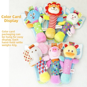 Detail of plush animal baby rattles set featuring a cat, lion, rabbit, and elephant designs