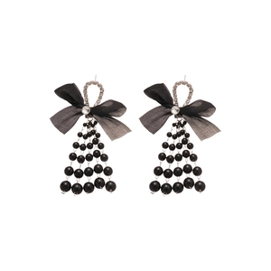 Silver bow earrings with black tassel and pearls, creative retro stylish design