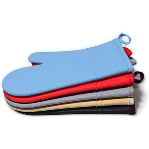 Silicone honeycomb oven mitts with cotton lining in blue, red, gray, beige, and black