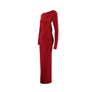Detailed view of red slim-fit long sleeve maxi dress showing draped fabric texture