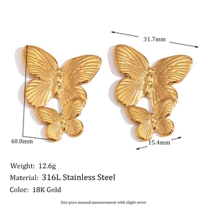 316L stainless steel 18K gold butterfly drop earrings featuring a layered 3D design