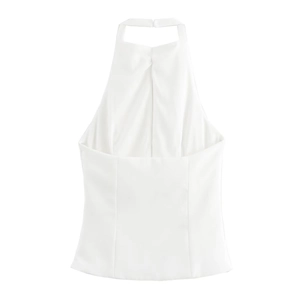 Elegant white halter neck sleeveless top for women with a minimalist bow tie design