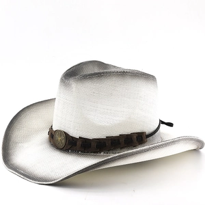 Classic white woven cowboy hat with gradient brim and vintage star emblem accessory