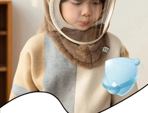 Detail of children's fleece hood featuring a transparent protective face shield in beige