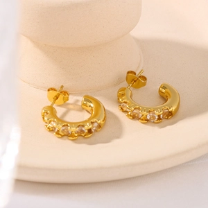 Elegant 18K gold-plated C-shaped stainless steel earrings with sparkling zircon stones