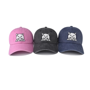 Three-pack washed cotton baseball caps with cat embroidery in pink, black, and navy