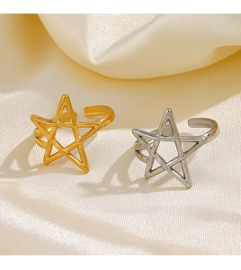 Detail of adjustable star-shaped open rings in gold and silver finish on white silk