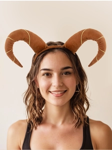 Detail of plush brown ox horns headband with gold thread accents for costume cosplay
