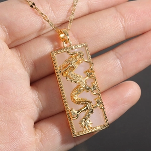 Golden dragon necklace with rectangular jade-style pendant for luxury fashion style