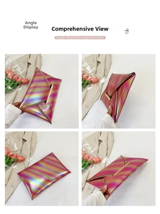 Detailed views of iridescent envelope clutch bag with golden metal trim and sleek design