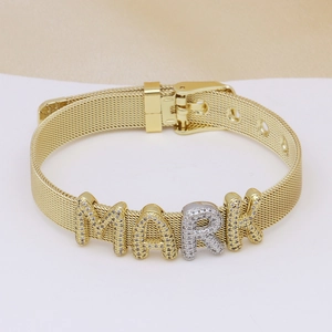 Gold mesh watchband bracelet with MARK rhinestone letters and adjustable buckle