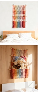 Detail of colorful woven macrame toy hammock with four tiers and bohemian cotton tassels