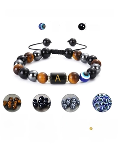 Detailed chart showing 10mm tiger eye, obsidian, and hematite beads with letter A charm