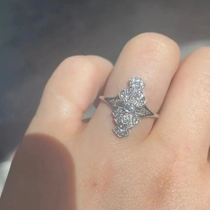 Vintage French style silver crown ring with geometric pavé zircon crystals on hand