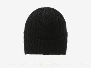Rear view of black chenille knit beanie showing thick ribbed texture and folded cuff