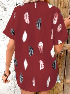 Close-up of casual dark red short sleeve shirt with colorful feather print for women