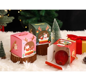Macro shot of festive Christmas apple gift boxes with gold handles and clear windows