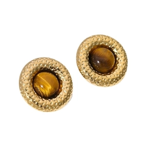 Vintage gold hammer-patterned stud earrings with round tiger eye stones in a 45-degree view