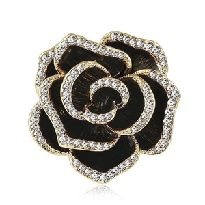 Elegant black camellia flower brooch with gold edges and sparkling crystal rhinestones