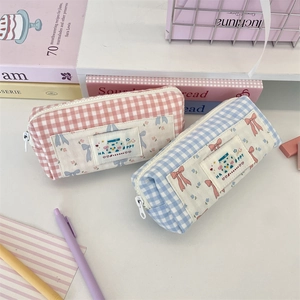Large capacity plaid canvas pencil case set in pink and blue checkered patterns