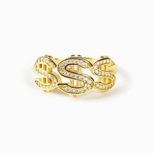Dollar Symbol Money Sign Ring Paved Cubic Zirconia Gold Plated Copper Hip Hop Punk Jewelry Women Streetwear