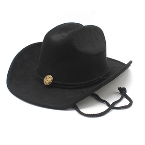Classic black faux suede cowboy hat with woven band and decorative bronze emblem